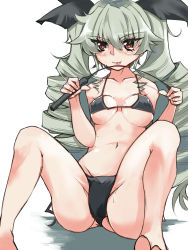 Rule 34 | 10s, 1girl, :p, anchovy (girls und panzer), bikini, black bikini, black ribbon, blaze (blazeillust), breasts, closed mouth, commentary request, drill hair, girls und panzer, green hair, hair ribbon, heart, heart-shaped pupils, highres, holding, holding riding crop, leaning back, licking, long hair, looking at viewer, medium breasts, navel, red eyes, ribbon, riding crop, side-tie bikini bottom, simple background, sitting, smile, solo, sweat, swimsuit, symbol-shaped pupils, tongue, tongue out, twin drills, twintails, white background