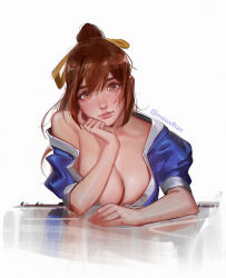 Rule 34 | breasts, brown eyes, brown hair, cleavage, dead or alive, highres, kasumi (doa), large breasts, long hair, looking at viewer, maoxfhan, ponytail, reflection, short sleeves