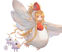 Rule 34 | 1girl, animal ears, blonde hair, blush, chicken costume, closed mouth, commentary request, granblue fantasy, harvin, highres, long hair, looking at viewer, mahira (granblue fantasy), red eyes, simple background, solo, tota (sizukurubiks), v-shaped eyebrows, very long hair, white background