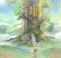 Rule 34 | 1girl, ar tonelico, arm up, brown hair, dress, from behind, hill, kari avalon, industrial pipe, scenery, solo, stone, torii, tower, tree