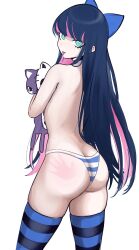 Rule 34 | 1girl, :p, absurdres, ass, back, black thighhighs, blue bow, blue eyes, blue hair, blue thighhighs, blunt bangs, bow, butt crack, colored inner hair, dark blue hair, hair bow, highres, holding, holding stuffed toy, honekoneko (psg), long hair, looking at viewer, looking back, miaru, multicolored hair, panties, panty &amp; stocking with garterbelt, pink hair, simple background, skindentation, slap mark, spanked, stocking (psg), streaked hair, string panties, striped clothes, striped panties, striped thighhighs, stuffed animal, stuffed cat, stuffed toy, thighhighs, thighs, tongue, tongue out, topless, two-tone hair, two-tone thighhighs, underwear, underwear only, white background