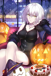 Rule 34 | 1girl, ahoge, bat (animal), black dress, blue coat, breasts, cake, coat, dress, fate/grand order, fate (series), food, full-length zipper, full moon, fur-trimmed coat, fur-trimmed sleeves, fur trim, halloween, hand on own cheek, hand on own face, happy halloween, head rest, highres, indoors, jack-o&#039;-lantern, jacket, jeanne d&#039;arc (fate), jeanne d&#039;arc alter (fate), jeanne d&#039;arc alter (ver. shinjuku 1999) (fate), jewelry, medium breasts, moon, necklace, night, night sky, official alternate costume, open clothes, open coat, open jacket, pumpkin, shigure s, short dress, short hair, silver hair, sitting, sky, solo, wicked dragon witch ver. shinjuku 1999, window, yellow eyes, zipper