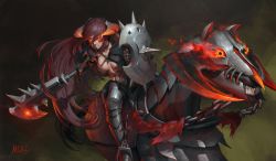 Rule 34 | armor, breasts, chaos knight, dota (series), dota 2, fire, gender request, genderswap, highres, horns, horse, large breasts, long hair, looking at viewer, shield, weapon