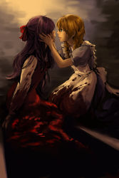 Rule 34 | 2girls, absurdres, blonde hair, blood, blood on face, blood on clothes, bow, braid, dana (danadora), dark, dress, ellen (majo no ie), eye contact, green eyes, guro, hands on another&#039;s face, highres, injury, intestines, long hair, looking at another, majo no ie, missing eye, multiple girls, purple hair, red bow, twin braids, viola (majo no ie)