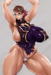 Rule 34 | 1girl, absurdres, apron, areola slip, armor, armpits, arms up, bonten, breasts, brown eyes, brown hair, cattleya (queen&#039;s blade), covered erect nipples, covered navel, curvy, flower, glasses, hair ornament, highres, hip focus, huge breasts, looking at viewer, mature female, muscular, panties, parted lips, ponytail, queen&#039;s blade, short hair, sideboob, simple background, solo, standing, thick thighs, thighs, torn clothes, underwear, wide hips