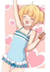 Rule 34 | 1girl, ^ ^, ahoge, alternate hairstyle, arm up, blonde hair, blunt bangs, blush, breasts, can, canned coffee, closed eyes, coffee, collarbone, commentary request, cosplay, cowboy shot, drink can, dutch angle, facing viewer, frilled swimsuit, frills, gochuumon wa usagi desu ka?, heart, highres, holding, holding can, kafuu chino, kafuu chino (cosplay), kirima syaro, one-piece swimsuit, open mouth, polka dot, polka dot swimsuit, potate, short hair, short twintails, small breasts, solo, standing, swimsuit, twintails, two-tone background