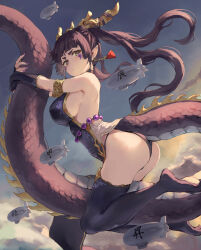 Rule 34 | 1girl, aircraft, airship, antlers, ass, bare shoulders, beads, black gloves, black hair, black panties, black thighhighs, breasts, brown eyes, cloud, covered erect nipples, dragon girl, dragon tail, fingerless gloves, from side, gloves, highres, horns, jojobirdz, large breasts, long hair, monster girl, nail polish, no shoes, original, panties, pink nails, pointy ears, tail, thighhighs, twintails, underwear