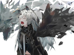 Rule 34 | 1girl, animal ears, arknights, black jacket, closed eyes, commentary request, crying, fangs, grey hair, hair between eyes, hair ornament, hairclip, high collar, highres, hzw3, jacket, lappland (arknights), long hair, mirror image, navel, open mouth, scar, scar across eye, scar on face, simple background, solo, sword, teeth, weapon, white background, wolf ears