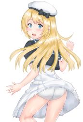 Rule 34 | 1girl, ass, bad id, bad pixiv id, black shirt, blonde hair, blue eyes, blush, crop top, dress, from behind, hat, highres, jervis (kancolle), kantai collection, long hair, looking back, panties, shirt, simple background, solo, underwear, white background, white dress, white panties, wind, wind lift