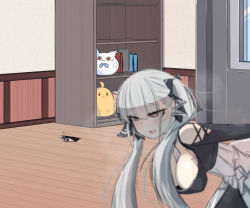 Rule 34 | akaoni (zumt3548), azur lane, between breasts, bird, black dress, black ribbon, blurry, blurry foreground, book, bookshelf, breasts, chick, dress, formidable (azur lane), hair between eyes, hair ribbon, hanging breasts, hole, implied sex, indoors, large breasts, long hair, manjuu (azur lane), meowfficer (azur lane), open mouth, peeking, raised eyebrows, red eyes, ribbon, silver hair, smile, steaming body, stuffed toy, twintails, white dress, window, wooden floor