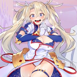Rule 34 | 1girl, armor, blonde hair, blue eyes, blush, bradamante (fate), bradamante (second ascension) (fate), braid, breasts, crown braid, fate/grand order, fate (series), faulds, female focus, hair between eyes, highres, jacket, large breasts, leotard, leotard under clothes, long hair, long sleeves, looking at viewer, multicolored clothes, multicolored jacket, open mouth, own hands clasped, own hands together, poriuretan, purple background, sleeves rolled up, smile, solo, thigh strap, thighs, twintails, two-tone jacket, very long hair