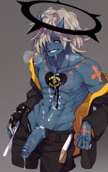 Rule 34 | 1boy, absurdres, blue skin, colored skin, cum, cum on body, cum on upper body, dripping, guilty gear, guilty gear strive, halo, happy chaos, highres, horns, male focus, nipples, penis, penis grab, tattoo, topless male, unzipped, white hair, yaoi
