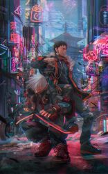 Rule 34 | 2boys, akatsuki uniform, alcohol, architecture, arms up, artist name, beer, black gloves, black hair, black jacket, city, cyberpunk, cyborg, datomato, east asian architecture, fingerless gloves, futuristic weapon, gloves, gun, hatake kakashi, headphones, high collar, highres, holding, holding gun, holding sword, holding weapon, jacket, looking ahead, looking at viewer, motor vehicle, motorcycle, multiple boys, naruto, naruto (series), naruto shippuuden, neon lights, red eyes, shoes, smile, sneakers, squatting, standing, sword, torn clothes, uchiha obito, weapon, white hair