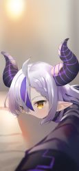 Rule 34 | hair between eyes, highres, hololive, horns, la+ darknesss, looking at viewer, lying, meito (maze), on stomach, striped horns, virtual youtuber, yellow eyes