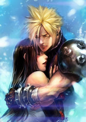 Rule 34 | 1990s (style), 1boy, 1girl, armor, black hair, blonde hair, closed eyes, cloud strife, couple, deathwingxiii, earrings, elbow gloves, final fantasy, final fantasy vii, gloves, gradient background, height difference, hetero, highres, hug, jewelry, lipstick, long hair, makeup, nose, pauldrons, retro artstyle, short hair, shoulder armor, spiked hair, tifa lockhart
