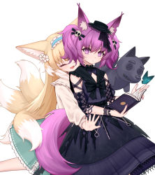 Rule 34 | 2girls, animal ears, arknights, black dress, black headwear, blonde hair, blue hairband, blue skirt, book, bug, butterfly, butterfly on hand, closed eyes, diamond-shaped pupils, diamond (shape), dress, flower, fox ears, fox girl, fox tail, frilled hairband, frills, hair down, hair flower, hair ornament, hairband, hat, highres, holding, holding book, hug, hug from behind, insect, kitsune, long hair, long sleeves, looking at viewer, lxjun 09, medium hair, mini hat, morte (arknights), multicolored hair, multiple girls, nail polish, official alternate costume, open book, open mouth, pink eyes, pink hair, pink nails, shamare (arknights), shamare (echo of the horrorlair) (arknights), shirt, short twintails, simple background, skirt, skull hair ornament, straight hair, streaked hair, suzuran (arknights), suzuran (spring praise) (arknights), sweatdrop, symbol-shaped pupils, tail, twintails, white background, white flower, white hair, white shirt