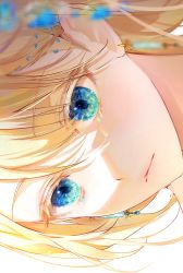 Rule 34 | 1girl, 58 (opal 00 58), absurdres, bad id, bad twitter id, blonde hair, blue eyes, blue gemstone, blurry, blurry foreground, close-up, closed mouth, commentary, depth of field, earrings, english commentary, exif rotation, eye focus, gem, glint, highres, jewelry, lips, original, portrait, revision, solo