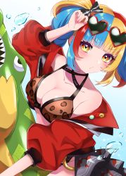 Rule 34 | 1girl, animal print, bare shoulders, bikini, blonde hair, blue hair, blush, breasts, brown bikini, cleavage, eyewear on head, fate/grand order, fate (series), heart, heart-shaped eyewear, highres, ichi kq, jacket, large breasts, leopard print, long hair, long sleeves, looking at viewer, multicolored hair, nail polish, off shoulder, open clothes, open jacket, red hair, red jacket, sei shounagon (fate), sei shounagon (swimsuit berserker) (fate), sei shounagon (swimsuit berserker) (second ascension) (fate), sidelocks, sunglasses, swimsuit, twintails, yellow eyes
