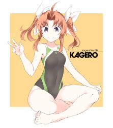 Rule 34 | 1girl, alternate costume, anchor symbol, barefoot, black one-piece swimsuit, breasts, character name, competition swimsuit, hair ribbon, indian style, kagerou (kancolle), kagerou kai ni (kancolle), kantai collection, long hair, looking at viewer, one-piece swimsuit, orange hair, purple eyes, ribbon, shigino sohuzi, sitting, small breasts, solo, swimsuit, twintails, v, white ribbon
