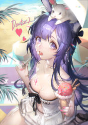 Rule 34 | 1girl, absurdres, animal, animal ear fluff, animal ears, animal on head, arknights, bare shoulders, beach, bikini, bikini skirt, black bow, bow, chinese commentary, commentary request, food, hair bow, heart, highres, holding, holding food, ice cream, ice cream cone, long hair, looking at viewer, nail polish, official alternate costume, on head, open mouth, outdoors, pink nails, purple eyes, purple hair, rabbit, rabbit ears, rabbit tail, revision, rhodes island logo (arknights), rope (arknights), rope (summer flowers) (arknights), sitting, spade-m, strapless, strapless bikini, swimsuit, tail, tongue, tongue out, white bikini