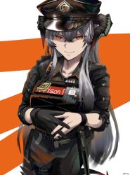 Rule 34 | 1girl, arknights, asymmetrical gloves, baton (weapon), belt, black hat, black pants, black shirt, body armor, bulletproof vest, collarbone, evil smile, gloves, hat, highres, horns, id card, kymp, looking at viewer, official alternate costume, own hands together, pants, police hat, saria (arknights), saria (the law) (arknights), shaded face, shirt, sleeves rolled up, smile, solo, tactical clothes, two-tone background, walkie-talkie, weapon, yellow eyes