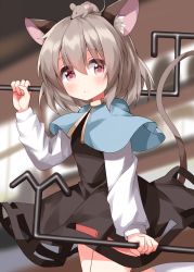 Rule 34 | 1girl, animal, animal ears, animal on head, black dress, blue capelet, blush, capelet, closed mouth, cowboy shot, dowsing rod, dress, grey hair, hair between eyes, highres, holding, long sleeves, mouse (animal), mouse ears, mouse tail, nazrin, on head, red eyes, ruu (tksymkw), short hair, solo, tail, touhou