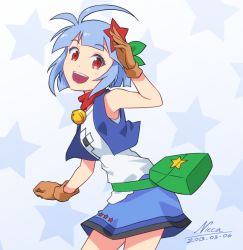 Rule 34 | 1girl, :d, ahoge, anime coloring, bag, bell, neck bell, blue hair, brown gloves, collar, gloves, hair ribbon, handbag, looking at viewer, nicca (kid nicca), open mouth, original, red eyes, ribbon, salute, short hair, smile, solo
