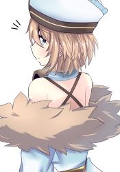 Rule 34 | 1girl, back, bare shoulders, blanc (neptunia), blue eyes, blush, brown hair, from behind, fur trim, hat, looking at viewer, looking back, neptune (series), open mouth, short hair, simple background, solo, standing, warabi mochi (ehimedaisuki), white background, white hat