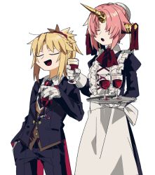 Rule 34 | 2girls, apron, bad id, bad twitter id, blonde hair, butler, cup, drinking glass, closed eyes, fate/apocrypha, fate (series), female butler, frankenstein&#039;s monster (fate), frankenstein&#039;s monster (formal dress) (fate), gloves, hand in pocket, highres, holding, holding tray, horns, juliet sleeves, long sleeves, maid, mordred (fate), mordred (fate/apocrypha), mordred (formal dress) (fate), multiple girls, open mouth, pink hair, puffy sleeves, short hair, single horn, tray, uotsu (sabakou), white background, white gloves, wine glass