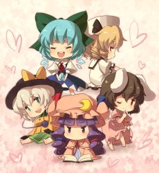 Rule 34 | 5girls, :&lt;, animal ears, blonde hair, blue hair, blueberry (5959), book, chibi, cirno, clothes lift, crescent, dress, dress lift, drill hair, green eyes, heart, highres, inaba tewi, komeiji koishi, luna child, multiple girls, one eye closed, patchouli knowledge, purple eyes, purple hair, rabbit ears, rabbit tail, red eyes, silver hair, sitting, tail, touhou, wings, wink
