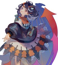 Rule 34 | 1girl, arrow (symbol), black dress, black hair, black jacket, cha goma, commentary request, dress, feet out of frame, from behind, grey horns, horns, jacket, kijin seija, long sleeves, looking at viewer, looking back, medium hair, multicolored clothes, multicolored dress, multicolored hair, off shoulder, open mouth, red dress, red eyes, red hair, smile, solo, streaked hair, touhou, white dress, white horns