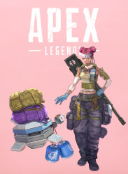 Rule 34 | 1girl, apex legends, backpack, bag, beige tank top, black footwear, black pants, blue gloves, clenched hand, copyright name, d.o.c. health drone, detached sleeves, double bun, closed eyes, gloves, gun, hair bun, hand on own hip, headband, headset, highres, lifeline (apex legends), open hand, pants, parted lips, pink background, rifle, robot, science fiction, sentinel esr, smile, sniper rifle, solo focus, sora-bakabon, thigh strap, weapon, weapon on back, white headband
