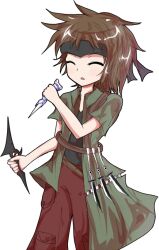 Rule 34 | 1other, alphes (style), androgynous, atoymk, black headband, black shirt, brown hair, closed eyes, commentary request, dagger, green shirt, headband, holding, holding dagger, holding knife, holding weapon, knife, kurohebi, len&#039;en, open clothes, open mouth, open shirt, other focus, pants, parody, pocket, red pants, shirt, short hair, short sleeves, simple background, solo, style parody, transparent background, v-neck, weapon