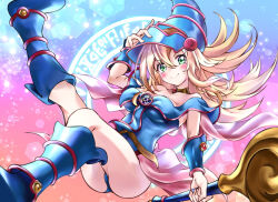 Rule 34 | 1girl, ass, bare shoulders, blonde hair, blue background, blue footwear, blue leotard, blush, boots, bracer, breasts, closed mouth, collarbone, dark magician girl, gradient background, green eyes, hat, hato maron, highres, holding, holding staff, jewelry, large breasts, legs up, leotard, long hair, looking at viewer, necklace, pink background, pink skirt, skirt, smile, solo, sparkle background, staff, two-tone background, wizard hat, yu-gi-oh!, yu-gi-oh! duel monsters