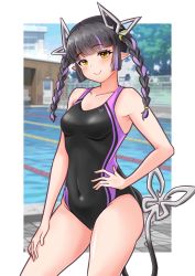 Rule 34 | 1girl, alternate costume, alternate hairstyle, armpit peek, black hair, black one-piece swimsuit, blunt bangs, blush, braid, breasts, closed mouth, commentary request, competition swimsuit, contrapposto, covered navel, cowboy shot, day, demon girl, demon horns, demon tail, hand on own hip, hand on own thigh, highres, horns, kojo anna, lane line, long hair, looking at viewer, medium breasts, multicolored hair, nanashi inc., one-piece swimsuit, outdoors, outside border, pointy ears, pool, purple hair, purple one-piece swimsuit, robou no stone, smile, solo, sugar lyric, swimsuit, tail, thighs, twin braids, twintails, two-tone hair, two-tone swimsuit, virtual youtuber, yellow eyes