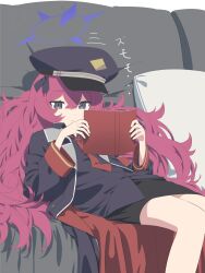 Rule 34 | 1girl, armband, black hat, black shirt, blue archive, book, collared shirt, couch, grey eyes, hair between eyes, halo, hat, highres, holding, holding book, iroha (blue archive), jacket, long hair, long sleeves, loose necktie, military hat, military jacket, military uniform, necktie, on couch, open book, peaked cap, pencil skirt, reading, red armband, red hair, red necktie, shirt, sitting, skirt, slouching, solo, uniform, very long hair, wasabi60, wavy hair