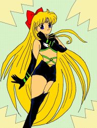Rule 34 | 1girl, aino minako, belt, bikini, bikini top only, bishoujo senshi sailor moon, bishoujo senshi sailor moon sailor stars, black bikini, black footwear, black gloves, black shorts, blonde hair, blue eyes, boots, bow, breasts, brooch, cosplay, gloves, green background, green belt, hair bow, jewelry, long hair, looking at viewer, lunarempress, midriff, sailor senshi, sailor senshi uniform, sailor star healer, sailor star healer (cosplay), sailor venus, shorts, small breasts, smile, standing, star (symbol), swimsuit, thigh boots, thighhighs, tiara, two-tone background, yellow background