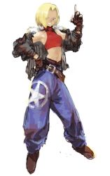 Rule 34 | 1girl, alternate breast size, baggy pants, belt, blonde hair, blue eyes, blue mary, blue pants, bomber jacket, breasts, brown gloves, crop top, fatal fury, fingerless gloves, forehead, full body, gloves, grin, hakusaku, halterneck, halterneck, hand on own hip, highres, index finger raised, jacket, loose belt, midriff, navel, open clothes, open jacket, pants, short hair, small breasts, smile, solo, star (symbol), straight hair, the king of fighters, white background