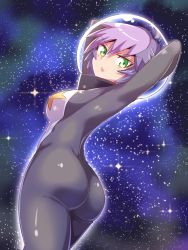 Rule 34 | 1girl, ass, bodysuit, breasts, cougar (cougar1404), from behind, green eyes, helmet, looking at viewer, looking back, medium breasts, original, purple hair, shiny clothes, short hair, sideboob, skin tight, solo, space
