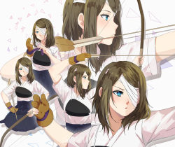 Rule 34 | 1girl, :o, aiming, arrow (projectile), bandages, blue eyes, bow (weapon), brown gloves, brown hair, closed mouth, eyepatch, gloves, hakama, hakama skirt, holding, holding arrow, holding bow (weapon), holding weapon, japanese clothes, kimono, meuwzza (me zwa), open mouth, original, short hair, short sleeves, simple background, single glove, sitting, skirt, solo, v-shaped eyebrows, weapon, white background