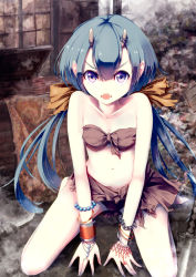 Rule 34 | 1girl, bangle, blue hair, bracelet, fangs, highres, horns, jewelry, konkito, long hair, looking at viewer, lots of jewelry, navel, oni, open mouth, original, pointy ears, purple eyes, solo, twintails, very long hair
