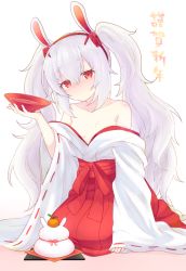 Rule 34 | 1girl, alternate costume, animal ears, azur lane, bare shoulders, blush, breasts, closed mouth, collarbone, commentary request, cup, fingernails, hair ornament, hairband, hakama, hakama skirt, happy new year, head tilt, holding, holding cup, isao (wasamoti), japanese clothes, kagami mochi, kimono, laffey (azur lane), long hair, long sleeves, miko, new year, nose blush, off shoulder, rabbit ears, red hairband, red hakama, ribbon-trimmed sleeves, ribbon trim, sakazuki, short kimono, sidelocks, silver hair, skirt, sleeves past wrists, small breasts, solo, twintails, very long hair, white kimono, wide sleeves