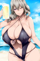 Rule 34 | 1girl, beach, black one-piece swimsuit, breasts, cameltoe, cleavage, cloud, collarbone, covered erect nipples, day, deep skin, dot nose, female focus, grey hair, highres, holding, holding beer, holding mug, huge breasts, looking at viewer, mature female, medium hair, navel, ocean, one-piece swimsuit, one eye closed, outdoors, plump, purple eyes, sand, shiny clothes, shiny skin, skindentation, sky, smile, solo, sparkle, standing, swimsuit, tsukasawa takamatsu, underboob, unusually open eyes, uzaki-chan wa asobitai!, uzaki tsuki, water, wide hips, wink