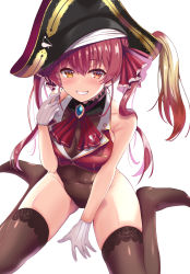 Rule 34 | 1girl, bare shoulders, between legs, black hat, blush, bodystocking, breasts, brooch, cleavage, collarbone, commentary request, covered navel, gloves, grin, hair between eyes, hair ribbon, hand between legs, hat, heterochromia, highres, hololive, houshou marine, jewelry, kaneki yushi, large breasts, leotard, leotard under clothes, long hair, looking at viewer, no shoes, playing with own hair, red eyes, red hair, ribbon, see-through, see-through cleavage, see-through leotard, simple background, sitting, smile, solo, teeth, thighhighs, twintails, virtual youtuber, wariza, white background, white gloves, yellow eyes