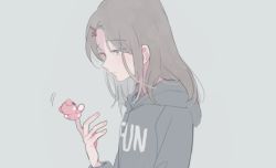 Rule 34 | 1girl, bad id, bad twitter id, bang dream!, black hair, black hoodie, clothes writing, expressionless, finger puppet, from side, grey background, hair ornament, hairpin, half-closed eyes, hand up, hood, hood down, hoodie, long hair, long sleeves, michelle (bang dream!), muted color, okusawa misaki, puppet, res2shuu, simple background, solo, upper body