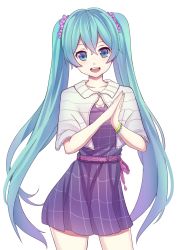 Rule 34 | 1girl, belt, blue eyes, blue hair, bracelet, capelet, contrapposto, cowboy shot, dress, hair between eyes, own hands clasped, hatsune miku, jewelry, long hair, open mouth, own hands together, purple dress, saito (pigrank), simple background, smile, solo, standing, twintails, very long hair, vocaloid, white background
