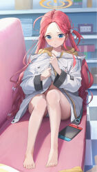 Rule 34 | 1girl, absurdres, bare legs, barefoot, blue archive, blue eyes, blush, enokinoko1010, halo, highres, jacket, long hair, looking at viewer, nintendo switch, panties, parted lips, red hair, solo, two-sided fabric, two-sided jacket, underwear, white jacket, white panties, yellow halo, yuzu (blue archive)