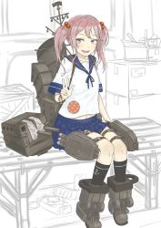 Rule 34 | 1girl, anchor symbol, bench, black socks, blue sailor collar, blue skirt, commentary request, hair bobbles, hair ornament, kantai collection, kneehighs, midriff peek, nito (nshtntr), open mouth, pink eyes, pink hair, pleated skirt, rigging, sailor collar, sazanami (kancolle), school uniform, serafuku, short sleeves, short twintails, sitting, skirt, socks, solo, twintails, w