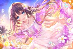 Rule 34 | 1girl, arm ribbon, blue eyes, breasts, brown hair, candle, cleavage, collarbone, dress, dutch angle, emori miku, floating hair, flower, hair flower, hair ornament, hair ribbon, holding, jewelry, large breasts, liver city, long hair, looking at viewer, mole, mole under eye, necklace, ocean, off-shoulder dress, off shoulder, open mouth, outdoors, outstretched arm, palm tree, panties, ribbon, sakura moyon, see-through, sky, soap bubbles, solo, sunset, tree, underwear, white dress, white ribbon