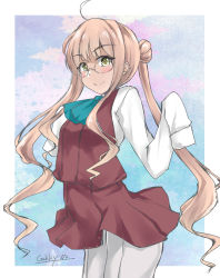 Rule 34 | 1girl, ascot, blouse, blue-framed eyewear, blue ascot, double bun, dress, gakky, glasses, grey pantyhose, hair bun, halterneck, kantai collection, long hair, long sleeves, makigumo (kancolle), one-hour drawing challenge, pantyhose, pink hair, purple dress, school uniform, shirt, sleeves past fingers, sleeves past wrists, solo, twintails, white shirt, yellow eyes